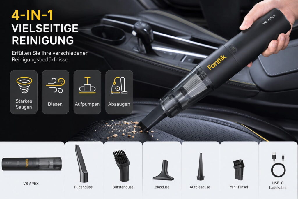 Fanttik Slim V8 APEX Akku-Autostaubsauger beim Reinigen eines Autositzes